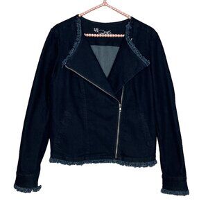 DG2 by Diane Gilman Small S Dark Wash Denim Stretch Fray Moto‎ Zip Jean Jacket